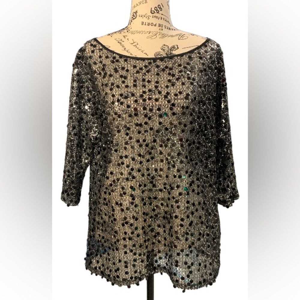 NWOT ALEX MARIE Black Shear Sequin Mesh Blouse🎄